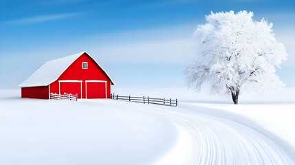 Snow-covered red barn and tree landscape