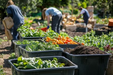 Harvested vegetables and soil in containers.