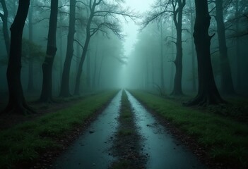 Fototapeta premium A mysterious road in an oppressing swamp, little traveled and questionable, fantasy style, dreamlike fantasy art, movie screencap