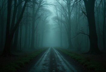 Fototapeta premium A mysterious road in an oppressing swamp, little traveled and questionable, fantasy style, dreamlike fantasy art, movie screencap