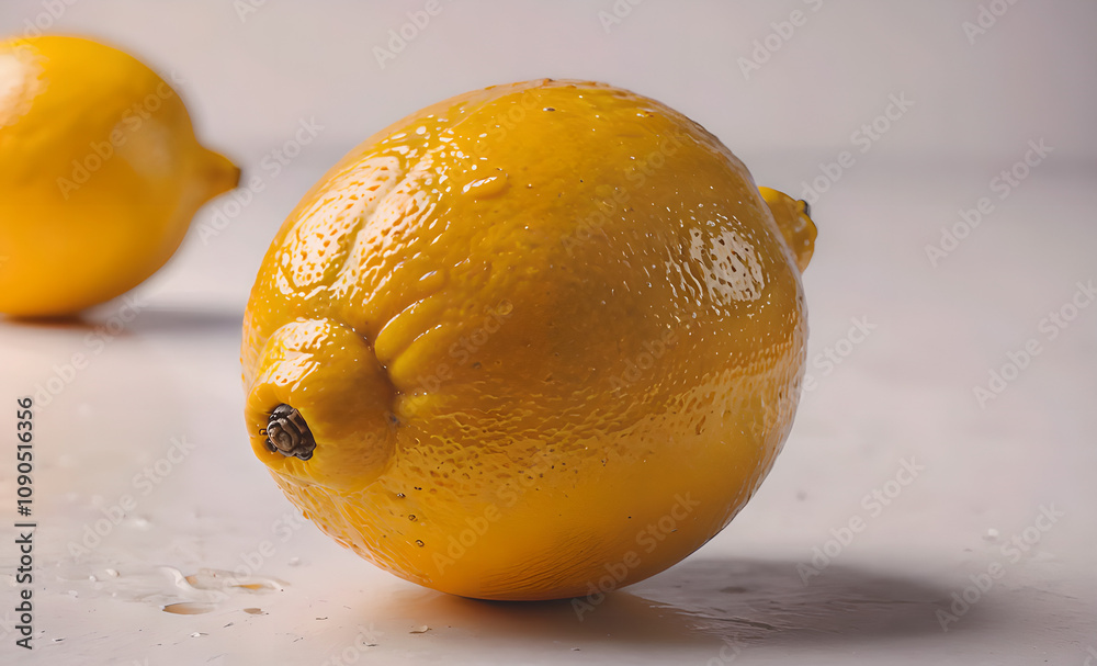 Poster a lemon is sitting on a table. it is yellow and has a stem. the lemon is wet
