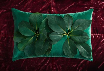 Rich Green Leaves Arranged on Luxurious Emerald Burgundy Velvet Cushion with Textural Contrast