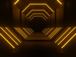 3D Yellow neon tunnel. Black background with yellow neon lights