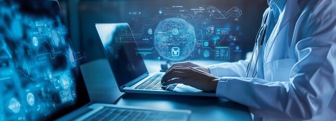 Fototapeta premium Man typing on laptop, glowing medical problems with AI technologies, trends, Ai