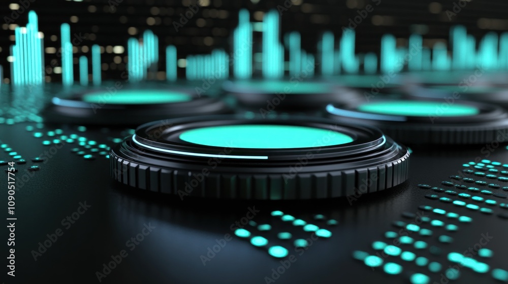 Poster Abstract digital design featuring glowing circular elements and sound wave patterns.
