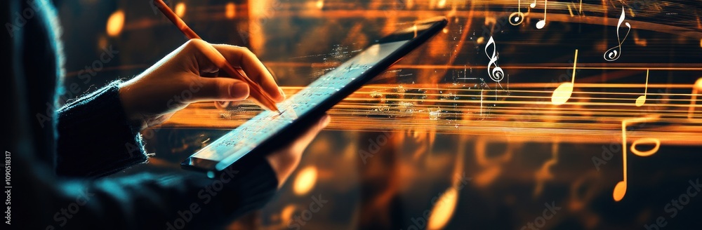 Poster a hand interacts with a tablet, surrounded by musical notes, suggesting music creation or editing.