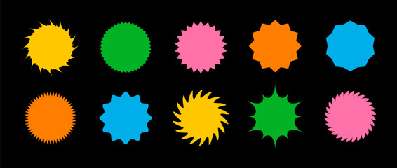 Set of starburst price in retro style on dark background. Colorful Promotion tags collection. Trendy Y2K style. Flat Vector illustration.