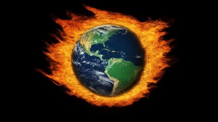 A fiery depiction of Earth surrounded by flames, symbolizing climate change or destruction.