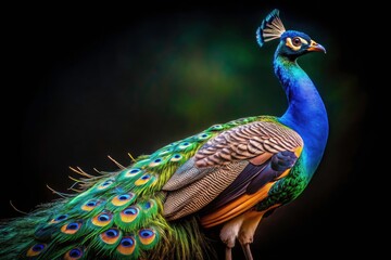 Obraz premium Stunning Side View of a Peacock in Low Light Photography, Isolated on Transparent Background, Perfect for Nature and Wildlife Themes, Emphasizing Colors and Details of Feathers
