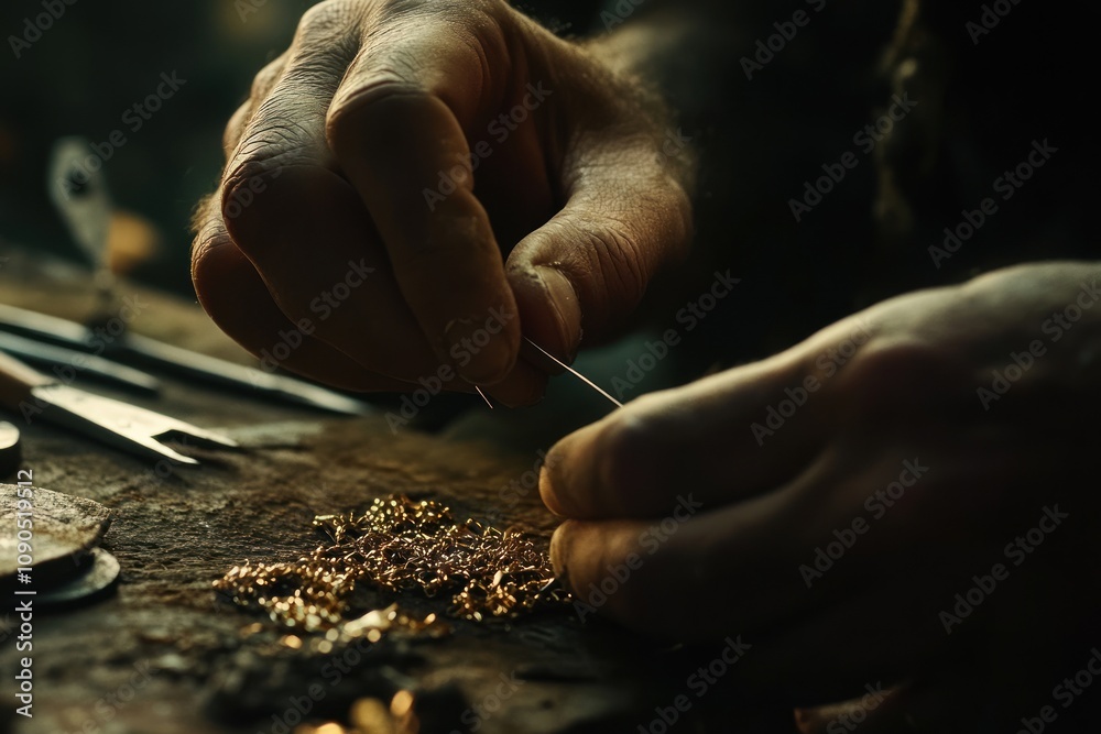 Poster a close-up of a hand working with small materials on a wooden table, focused on craftsmanship.