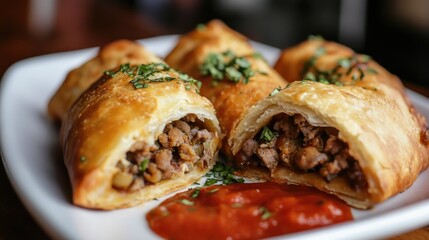 Fried dough empanadas stuffed with savory meat and vegetables, garnished with herbs and served with a rich red dipping sauce on a white platter.