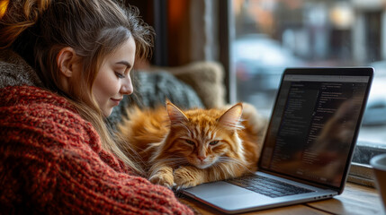 A young woman engages with her laptop in a warm cafe while a relaxed orange cat lays next to her, enjoying the peaceful atmosphere