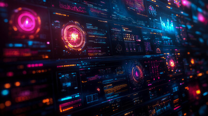 Brightly colored digital displays showcase intricate data metrics and visualizations in a high-tech setting, emphasizing modern technology
