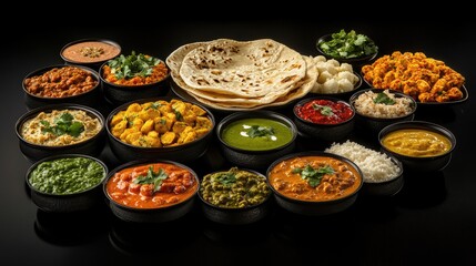 A vibrant spread of Indian cuisine featuring various curries, breads, and sides beautifully arranged on a dark background.