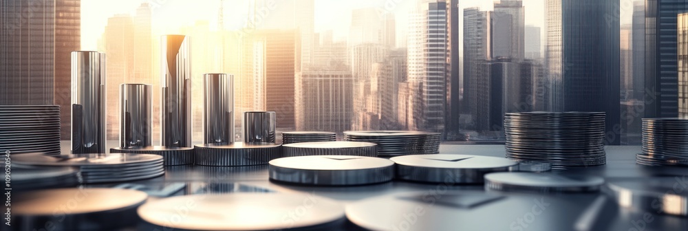 Poster A close-up view of coins and cylindrical objects against a city skyline backdrop.