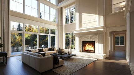 Fototapeta premium Spacious modern living room with large windows and a cozy fireplace, featuring neutral tones and elegant decor.