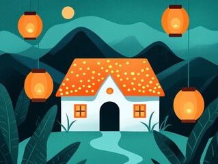 Fototapeta premium Festival of lights concept. Cozy house in a serene landscape with glowing lanterns at night.