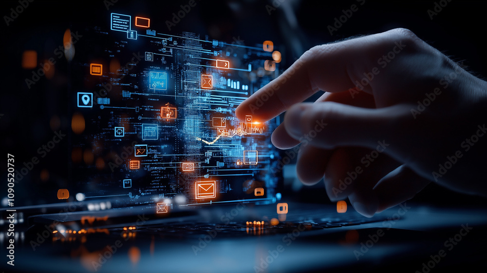 Poster Digital interface with hand interacting, showcasing technology and data