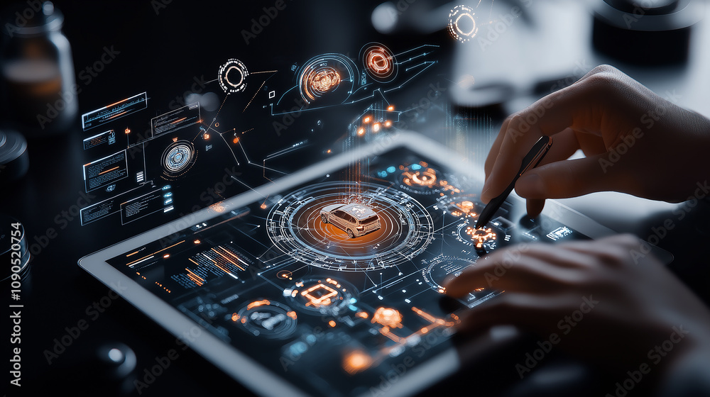 Poster business professional analyzing data on digital tablet interface