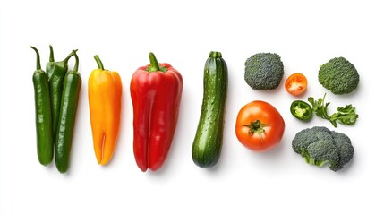 A vibrant arrangement of fresh vegetables including green chilies, peppers, zucchini, tomatoes, and broccoli.