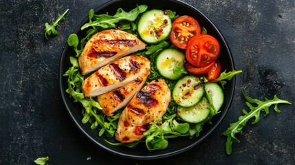 A vibrant, healthy meal featuring grilled chicken breast served on a bed of arugula and fresh vegetables.