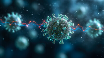 Obraz premium Detailed microscopic view of a virus exhibiting intricate surface structures, set against a blurred background with floating particles and lines