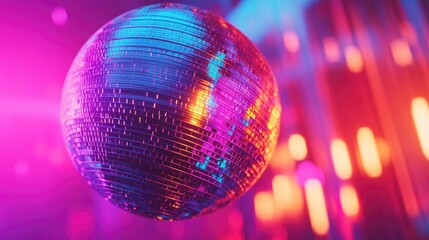 Obraz premium Vibrant disco ball reflecting rainbow colors against a dynamic backdrop with colorful lights, capturing a retro 80s and 90s dance party atmosphere.