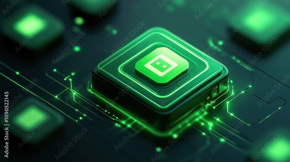 Aufkleber A futuristic green circuit board with a glowing chip, symbolizing advanced technology.