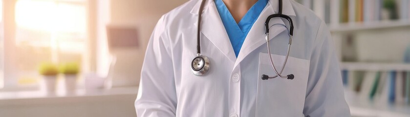 A medical professional in a white coat with a stethoscope stands in a bright, modern clinic, conveying a sense of care and professionalism.