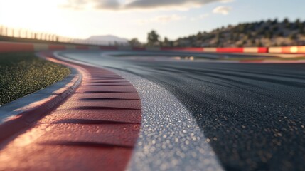 Fototapeta premium Curved racetrack featuring dynamic lighting and motion blur, highlighting the textured surface and vivid colors of the track with a scenic background.