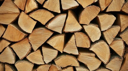 Fototapeta premium Stacked firewood logs displaying intricate bark textures, perfect for carpentry projects and rustic decorative backgrounds.