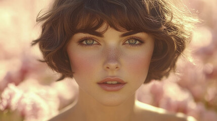 Fototapeta premium A serene young woman gazes directly at the viewer with captivating eyes, surrounded by a field of blooming flowers under warm sunset light
