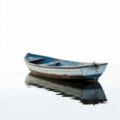Naklejka premium Old wooden boat floats, calm water reflection.