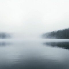 Misty lake, fog-shrouded trees, serene landscape.