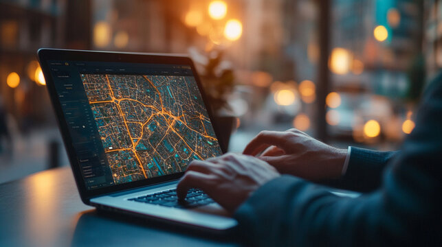 Person Analyzing Digital Map on a Laptop in an Urban Evening Setting