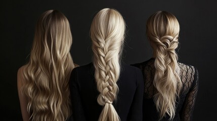 Diverse hairstyles for blonde women showcasing long waves, a braided ponytail, and an elegant twisted style viewed from behind against a dark backdrop.