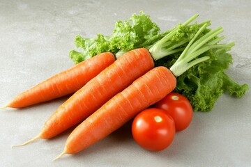 Three carrots, lettuce, two tomatoes.