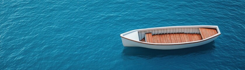 Obraz premium A solitary white boat floats on calm, turquoise waters, evoking a sense of tranquility and peaceful solitude.