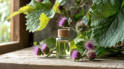 Essential oil bottle surrounded by vibrant burdock leaves and purple flower spikes showcasing a natural, organic aesthetic.