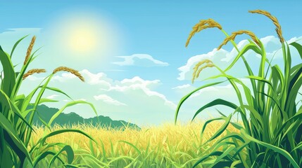 Obraz premium Lush golden rice fields basking under a bright sun against a blue sky.