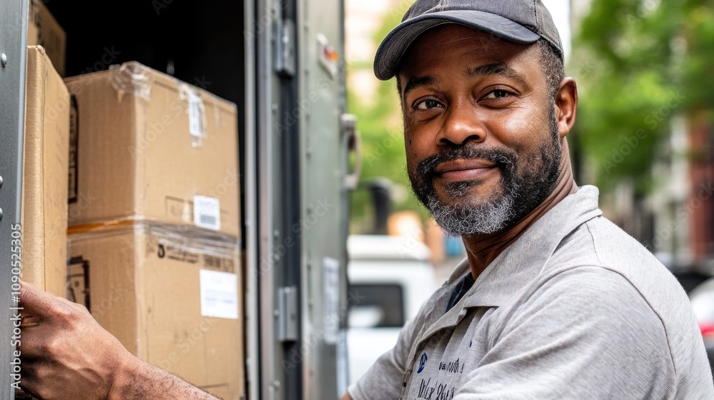 Poster a delivery person smiles while loading boxes into a delivery vehicle on a city street.