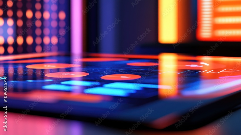 Poster A close-up of a digital interface with vibrant colors and buttons, suggesting technology use.