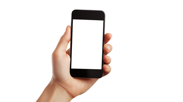 Hands, gripping a blank white screen mobile phone, presenting a blank white screen mobile phone on transparent background 