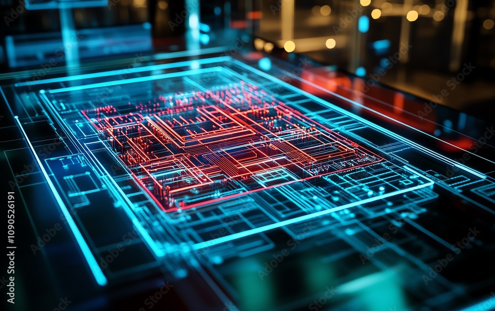 Poster a closeup of a modern circuit board bathed in neon red and blue lights, set against the backdrop of 