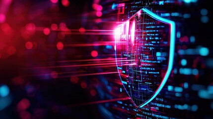Fototapeta premium Futuristic shield symbol against a backdrop of neon digital data streams.