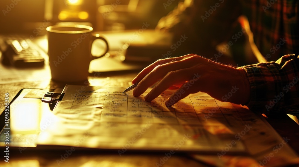 Poster a hand reviewing documents with a coffee cup in a warm, illuminated workspace.