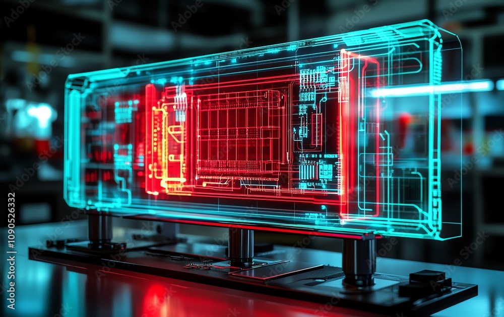 Poster A closeup of a modern circuit board bathed in neon red and blue lights, set against the backdrop of a dark technology lab at night, highlighting its complex design