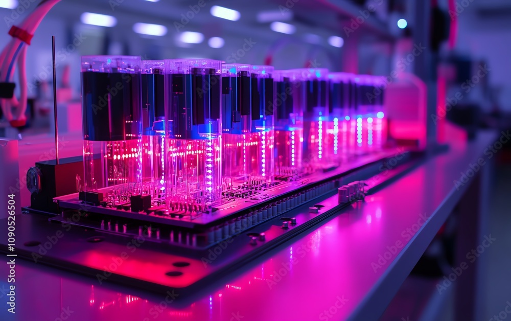 Poster a detailed and dynamic image of a modern circuit board with neon red and blue lighting, set in a cut