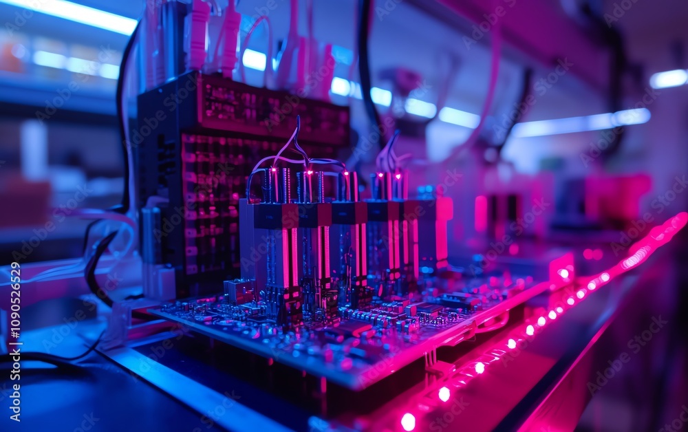 Poster a detailed and dynamic image of a modern circuit board with neon red and blue lighting, set in a cut