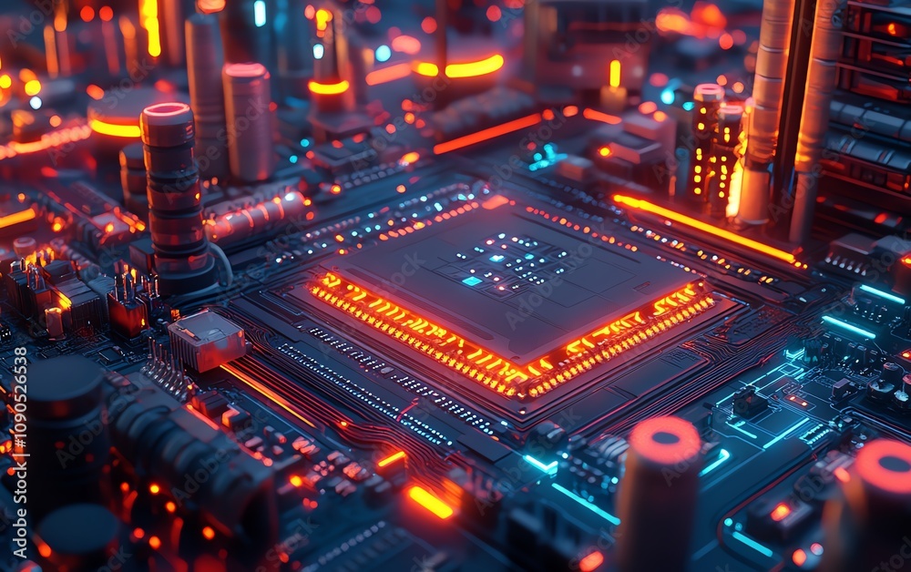 Poster a detailed and dynamic image of a modern circuit board with neon red and blue lighting, set in a cut